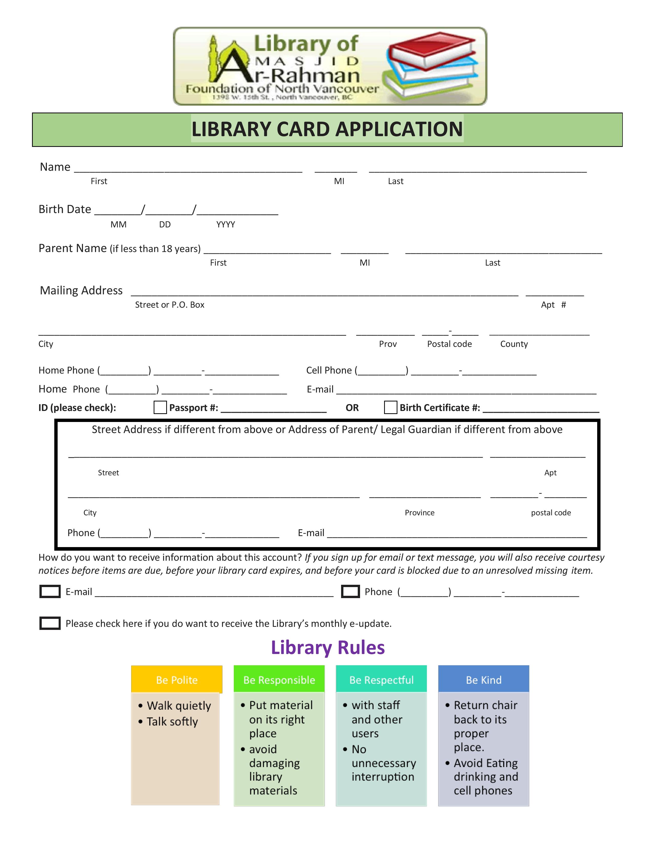 Library Card Registration Form إستمارة التسجيل لعضوية مكتبة المسجد Masjid Ar Rahman 1075