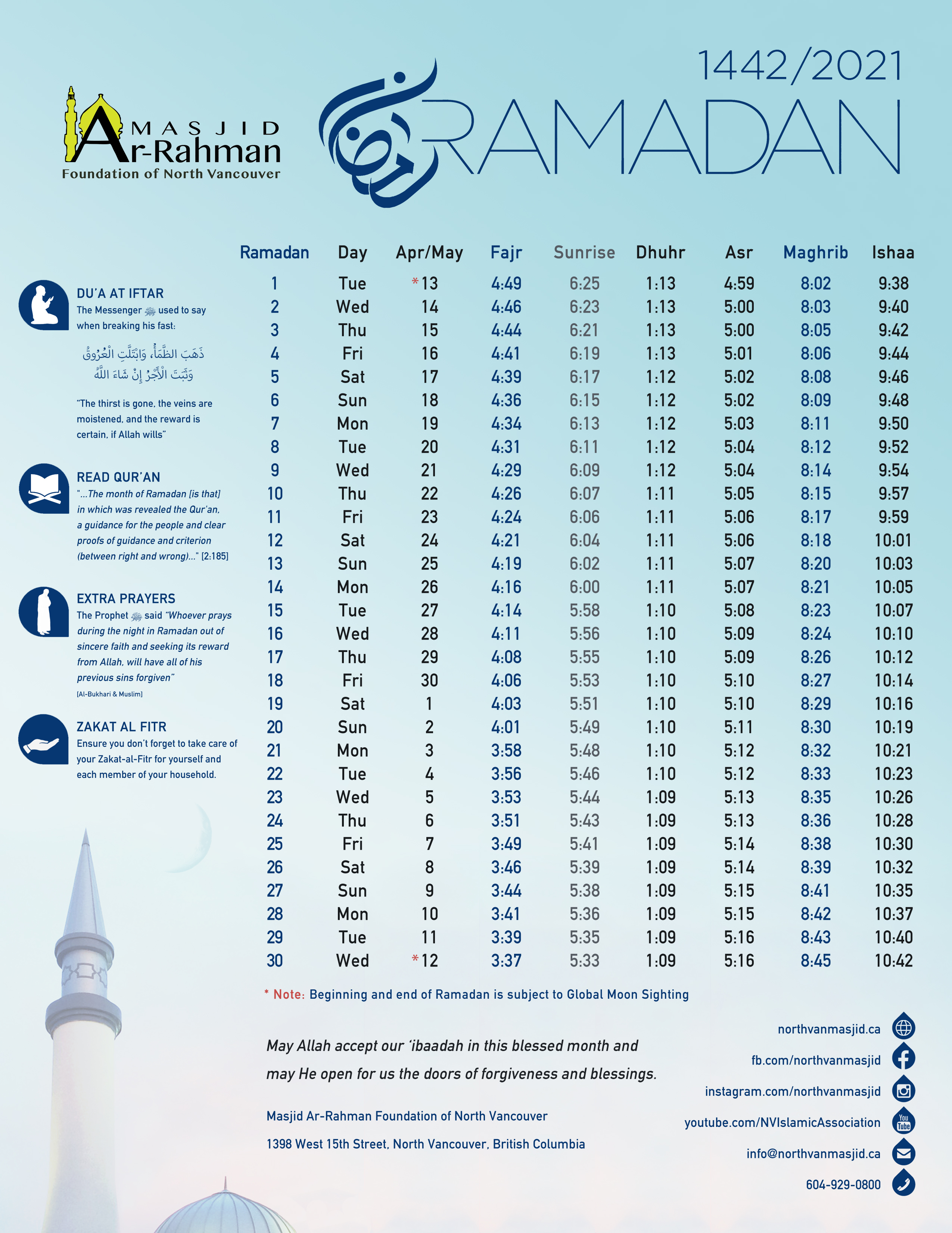 CALENDRIER RAMADAN / MONTRÉAL ET RÉGION – Maghreb Canada Express